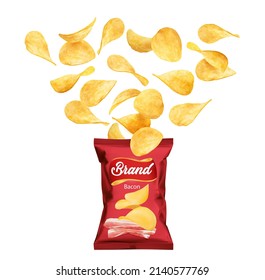 Crispy potato chips flying into the pack, realistic vector snack food or crisps and 3d package bag. Isolated bacon flavored crunchy chips or crispy slices of fried potato floating around red packet
