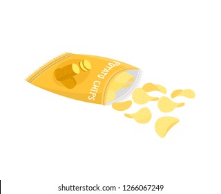 Crispy potato chips opened out of the envelope isolated on white background.