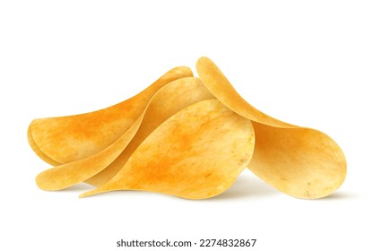 Crispy potato chips stack, pile and heap, realistic 3D vector . Isolated chips for advertising, package or promo ads, delicious food, ripple meal