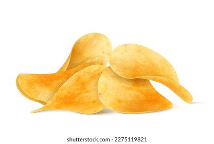 Crispy potato chips stack, pile and heap, realistic 3D vector . Isolated chips for advertising, package or promo ads, delicious food, ripple meal