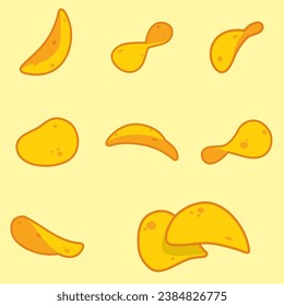 Crispy potato chips, vector illustration with crunchy snack pieces bunches. Isolated chips for advertising, package or promo ads, delicious food.