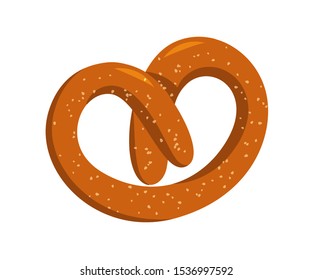 Crispy pretzel flat vector illustration. Traditional german pastry, delicious pub snack. Tasty baking, isolated on white background. Oktoberfest symbol. Confectionery, pastry shop, bakery product