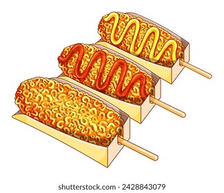 Crispy ramen korean corn dog illustration vector. Korean style ramen noodles corn dog menu. Korean street food corn dogs recipe. Crunchy ramen noodle korean hot dog. Hot dog and ramen noodle on stick.
