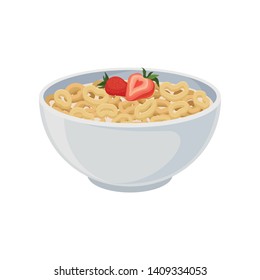 Crispy rings with milk in a ceramic bowl close-up. Vector illustration on white background.