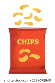 Patatas fritas crujientes volando en paquete, paquete de aperitivos vectoriales realistas. icono de ilustración de diseño para el negocio de la alimentación y las bebidas, elemento de marca de aperitivos de papa vector del logotipo.