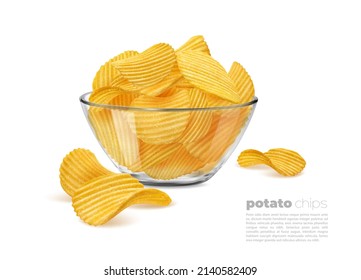 Crispy ripple potato chips in glass bowl. Realistic 3d vector crunchy wavy snack pieces in transparent dish. Delicious food advertisement, crisp meal promotion with chips pile in cup