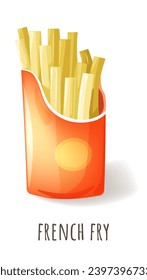 Crispy snack high in carbohydrates, fats and calories, french fry. Isolated cardboard package with thin cut strips of golden potatoes, fried to crispness. Popular fast food. Vector in flat style