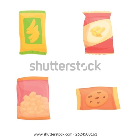 Crispy snack icons set cartoon vector. Various type of packaged snack. Unhealthy junk food