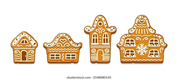 Crispy sweet gingerbread cookies with festive decoration sugar pastry for holidays isolated set