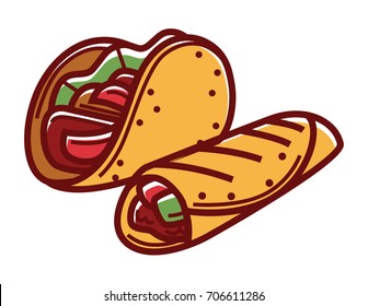Taco y burito crispos en pan pita ilustración aislada