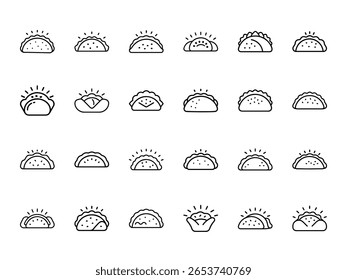 Crispy Taco Shell Collection - 24 Hand-Drawn Line Art Mexican Food Icons with Various Fillings, Crinkled Edges, and Festive Sparkles Perfect for Restaurant Menus, Food Blogs, Mexican Cuisine Branding