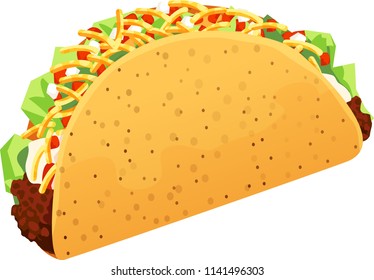 Crispy Taco Shell With Ground Beef, Shredded Lettuce, Sour Cream, Tomatoes And Onions. Isolated Vector Illustration.