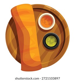 Knusprige, dünne Dosen, serviert auf einem Holztablett, begleitet von Sambar und Chutney, schaffen eine lebendige südindische kulinarische Szene