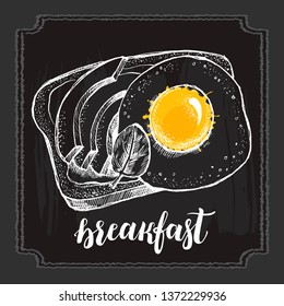 Crispy toast with fried egg and avocado slices. Ink hand drawn Vector illustration in vintage style. Food element for menu design.