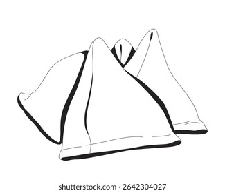 Crispy triangular samosas placed together 2D line object. Indian snack food. Savory pastry. Ethnic cuisine appetizer isolated clipart vector ink outline item. Monochrome spot illustration