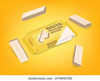 Barra crujiente de la oblea con las galletas de las obleas que empaquetan la Plantilla aislada en fondo amarillo de los puntos. Añada el paquete de oblea dulce crujiente. Estilo realista del diseño del Vector