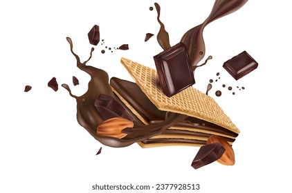 Crispy de galleta de wafer con almendras y chocolate salpicando de fondo blanco. Vector realista en ilustración 3D. Conceptos alimentarios.