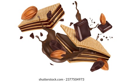 Crispy wafer chocolate splashing with almonds seed in the middle on white background. Realistic vector in 3D illustration. Food concepts.