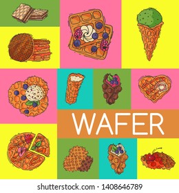 Crispy wafer poster chocolate cream flavor belgian dessert cookie vector illustration. Sweet food snack biscuit with cream. Waffle tasty pastry bakery delicious confectionery with caramel.