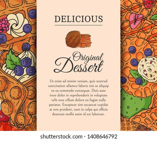 Crispy wafer poster chocolate cream flavor belgian original dessert cookie vector illustration. Sweet food snack biscuit with cream. Waffle tasty pastry bakery delicious confectionery with caramel.