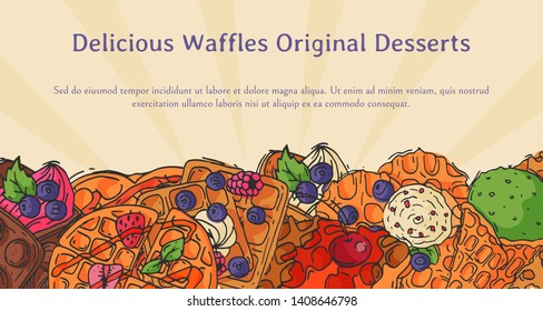 Crispy wafer recipe poster chocolate cream flavor belgian dessert cookie vector illustration. Sweet food snack biscuit with cream. Waffle tasty pastry bakery delicious confectionery with caramel.