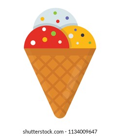 A crispy waffle cone containing three scoops of strawberry, vanilla and coconut ice cream