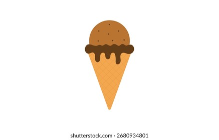 A crispy waffle cone topped with a rich brown scoop, drizzled with smooth, melting chocolate syrup.