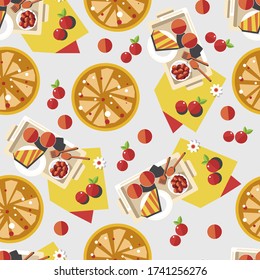 Crispy waffle served with fruits for dessert, seamless pattern. Baked wafer with organic ingredient for snack or breakfast. Menu of cafe, prepared dishes for eating out, vector in flat style