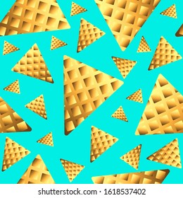 Crispy waffle triangles in seamless pattern on isolated mint background. Crunchy snack, wafer-thin. Falling small and large waffles. Waffle product, bakery shop's, waffle maker, food industry. Vector