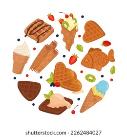 Crispy waffles in round shape. Tasty desserts with cream, berries and fruits for breakfast menu banner, poster, card design template cartoon vector