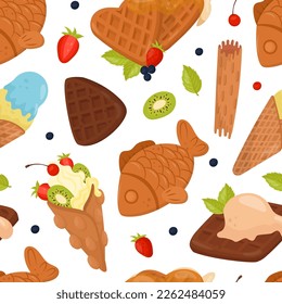 Crispy waffles seamless pattern. Tasty desserts with cream, berries and fruits repeating print for wallpaper, wrapping paper, textile, package design cartoon vector