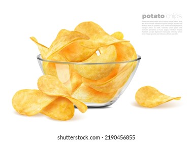 Crispy wavy potato chips in glass bowl. Isolated on white background potato crunchy chips pile in glass plate or dish. Junk food salty and cheese, bacon or onion flavored chips snack in glass bowl