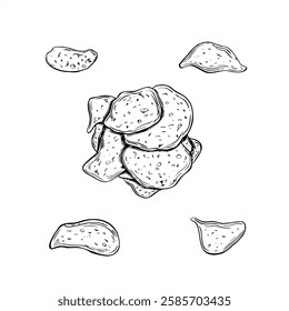 Crispy wavy potato chips pile and single chip vector illustration painted by black inks. Monochrome delicious crisps party fast food graphic sketch. Salty snack for cinema menu design, decor.