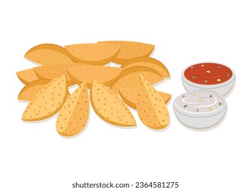 Crispy wedges potato with ketchup and mayonnaise sauce vector flat design. Fast food wedges potato vector illustration on white background