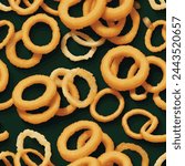 Crispy yellow onion rings pattern on green background - tasty fried onion rings funny food background vector illustration.