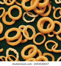 Patrón crujiente de anillos de cebolla amarilla sobre fondo verde - sabrosos anillos de cebolla frita divertida ilustración de fondo de comida.