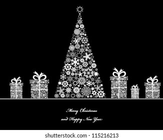 Crisrmas tree with cristmas gift boxes from snowflakes. Vector