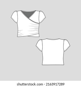 Criss Cross  crop Top V neck puff short sleeve cropped  fashion t shirt top blouse clothing flat sketch technical drawing template design vector
