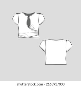 Criss Cross Cut out crop Top crew neck puff short sleeve fashion t shirt top blouse clothing flat sketch technical drawing template design vector