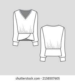 Criss cross hem fashion top v neck gathering detail  on waist long sleeve with cuff fashion blouse t shirt top fashion flat sketch technical drawing template design vector