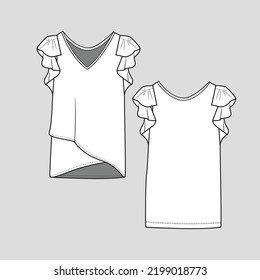 Criss cross Hem Ruffles Sleeve top V Neck ruffle t shirt blouse Fashion Design flat sketch Cad Drawing Vector Template