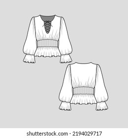 Criss cross lace up knot top smocked ruffles lantern balloon long Sleeve top  fashion flat sketch template technical drawing