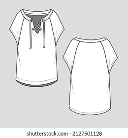 Criss Cross Lace Tie Up T Shirt Womens Raglan Sleeve Fashion Top Blouse Mock Up Flat Sketch Technical Drawing Template Design Vector