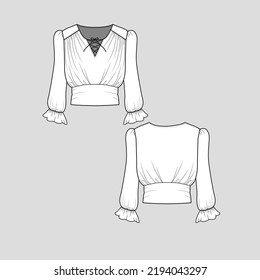 criss cross neck knot drape top notch neck puff long sleeve  gathering ruffle frill hem sleeve  fashion flat sketch template technical drawing