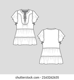 Criss Cross neck Lace up knotted Ruffles top fashion waist gathering ruffles sleeve hem fashion T shirt blouse top knot tie clothing flat sketch technical drawing template design vector