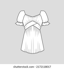 Criss cross peplum Crop top square v neck Gathering ruched detail  Ruffle frill Short sleeve fashion t shirt top blouse Tunic Dress flat sketch technical drawing template design vector