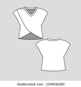 criss cross v neck  top shoulder button panel high low dip hem fashion flat sketch template drawing