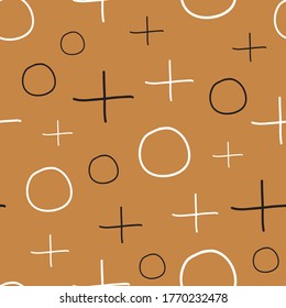 Criss cross white and black plus and zero on brown background vector seamless repeat pattern surface design