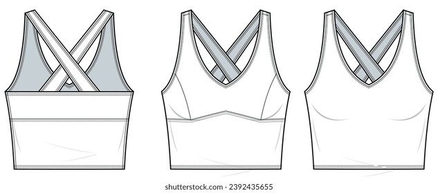 crisscross Athleisure Tank Top technical fashion illustration. Tank Top template vector illustration. front and back view. backless, Activewear. CAD mockup set.