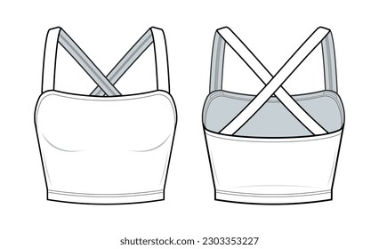 Crisscross Backless Crop Cami Top fashion flat technical drawing template. Cami top technical fashion Illustration. front, and back view. CAD mockup set.